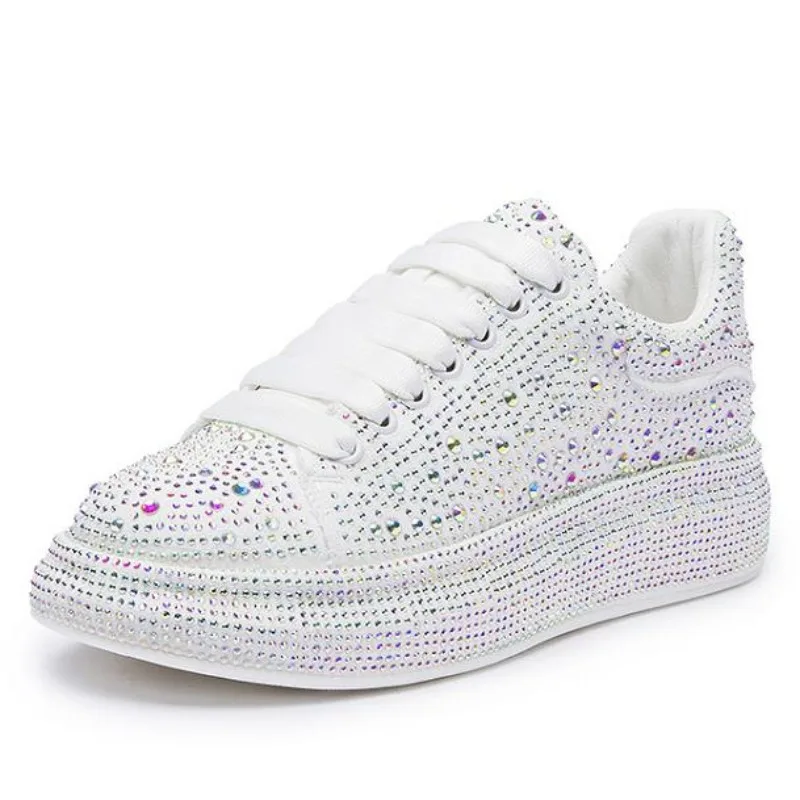 

4.5cm Genuine Leather Women Shoes Platform Sneakers Luxury Rhinestone Women Casual Shoes Fashion Sneakers White Skateboard
