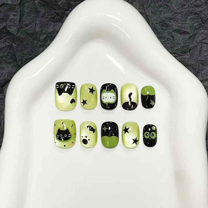 10 Stück kurze, ovale, schwarze, niedliche Katzen-Press-on-Nägel, wiederverwendbare, abnehmbare Nagel-Patches, künstliche Nägel, Nagelkunst-Aufkleber – Detail 7