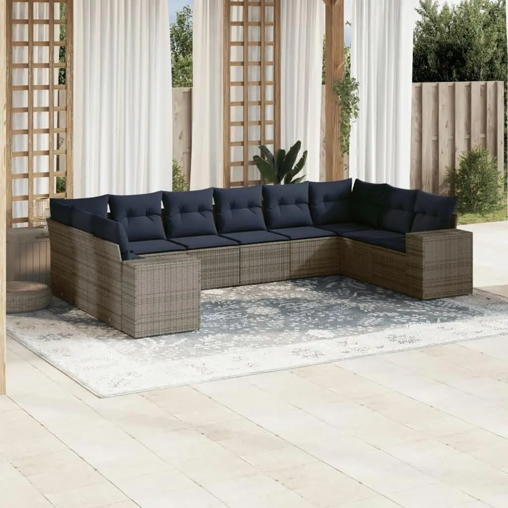 

10 Piece Gray Poly Rattan Patio Sofa Set with Cushions Outdoor Furniture Garden Seating