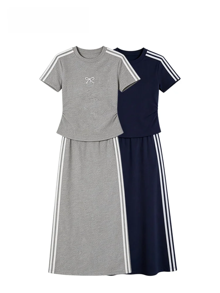 

plus Size Casual Summer T-Shirt Skirt Set Women's Fashion Ensemble Short Sleeve round Neck Polyester Fiber Knot Detail