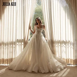 Julia Kui Uniquite Beading 3D Embroidery Flowers Ball Gown Wedding Dresses Spaghetti Straps Chapel Train Appliques Bridal Gowns