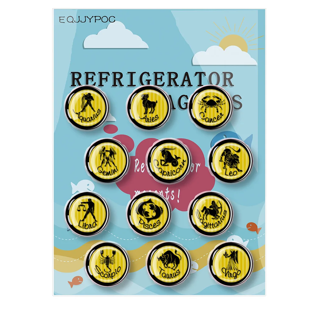 

12 Constellation Refrigerator Magnet Round Glass Decorative Magnet Fixed Constellation Whiteboard Suction Gift 30mm