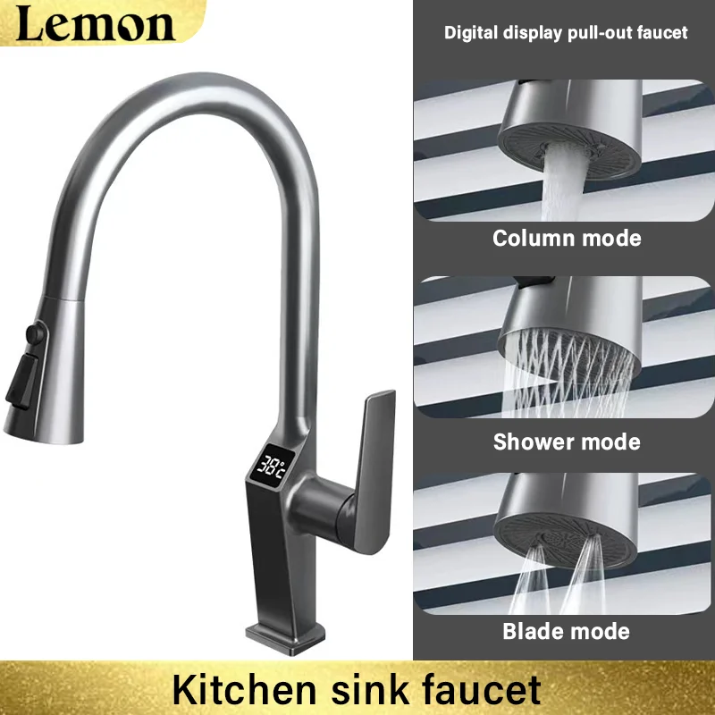 

Kitchen sink pull-out faucet, LED digital display, pull-out range 60 cm, 360° rotation