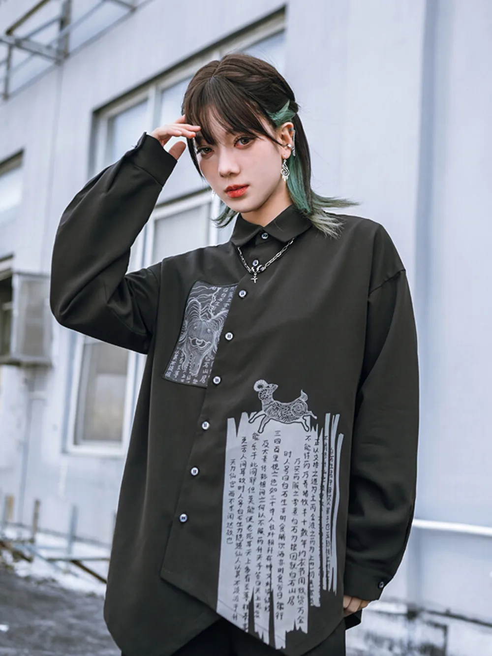 

New Chinese Male Style Clothing National Style Han Elements Applique Black Shirt Female Woman Irregular Montage Shirt