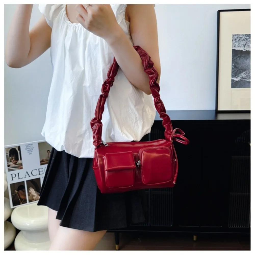 Fashion PU Leather Underarm Bag Solid Color Multi Pocket Tote Purse Zipper Messenger Bag Ladies