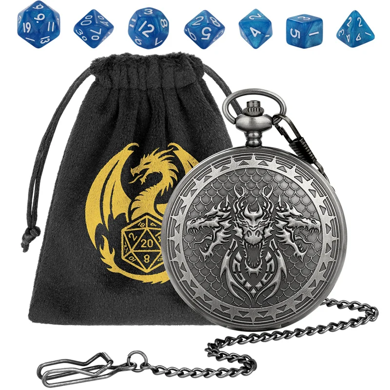 กล่องใส่พ็อกเก็ตวอทช์วินเทจลายหัวมังกรสามหัวขนาดใหญ่ พร้อมสายคล้องคอแบบ FOB และอะคริลิกทรงหลายเหลี่ยมขนาดเล็ก 7 ชิ้น สำหรับใส่ของเล่นเกม RPG DND