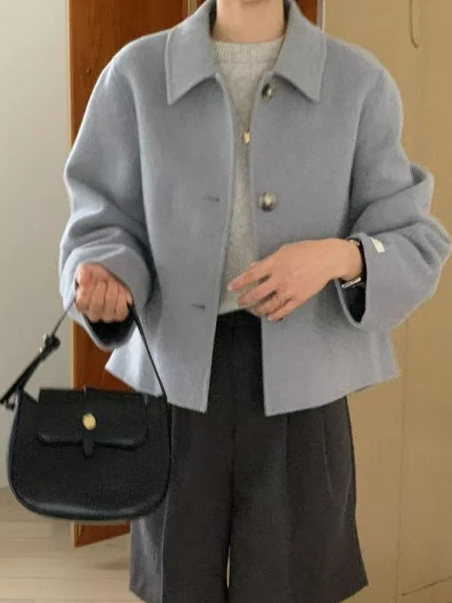 

Korean Sle Soft Collar Woolen Coat Women's Small Size Fre Youthful Loose Versatile ort Length Woolen Jaet