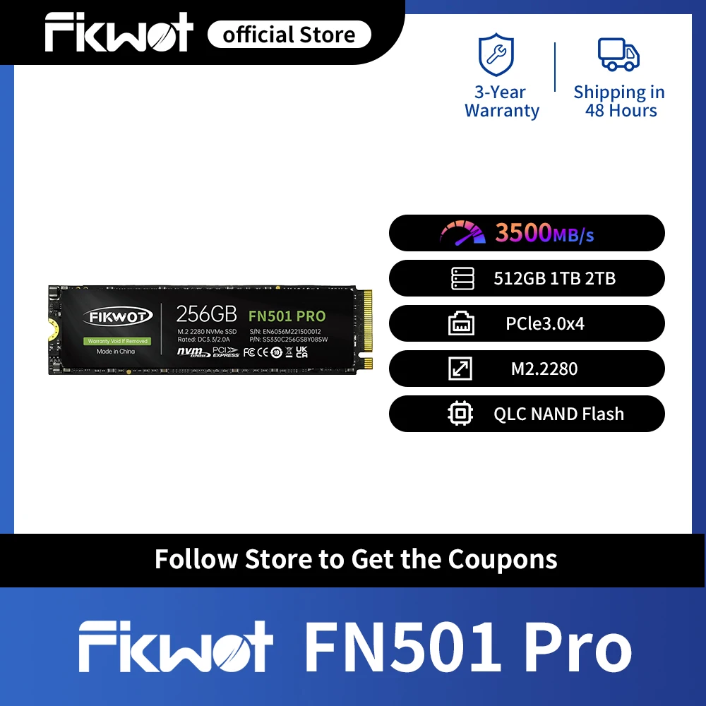 

Fikwot FN501 Pro M.2 SSD 256GB 512GB 1TB 2TB PCIe 3500MB/s 3.0x4 NVMe 3D NAND Internal Solid State Drive for Laptop PC Desktop