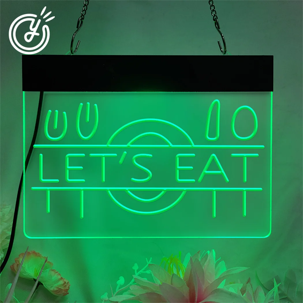 LET'S EAT 3D Carving LED Neon Sign Food Burger LED Light Signs Cafe Restaurant Shop Decoration Neon Lignts Lamps Wall Room Decor