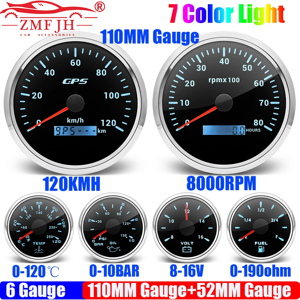 6 Gauge Set 7 Color Backlight 110MM GPS Speedometer Gauge Tachometer 52mm Fuel Level Gauge Oil Pressure Water Temp Voltage 12V