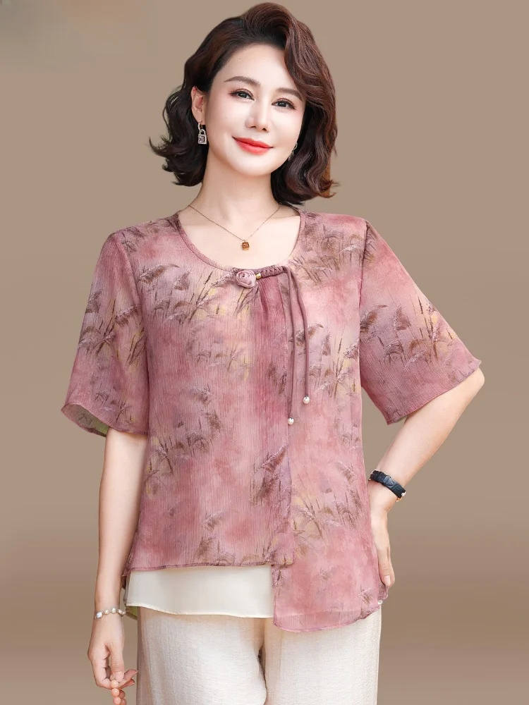 

Ele Young Mom Summer Outfit Chiffon Top ort Sve Set for Middle-Aged And ly Women Faionable Loose Fit Polyeste...