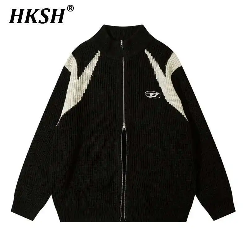 HKSH Color Contrast Zippered Cardigan Men's Tide Autumn Winter New High Street Trendy Stand Collar Loose Knitted Sweater HK3487