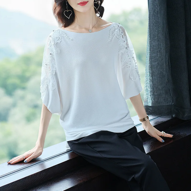 Women's Ice Silk Short Sleeve T-shirt, Loose Show Thin Tshirt, Cover Belly, Imitation Silk Tops, Summer, Big Size, 6XL