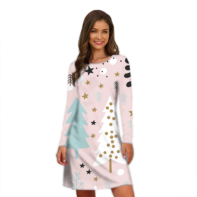 Multicolor Christmas Tree Party Dress Elegant Women Print Pattern Long Sleeve Dress Autumn Winter Oversized Casual Mini Dresses