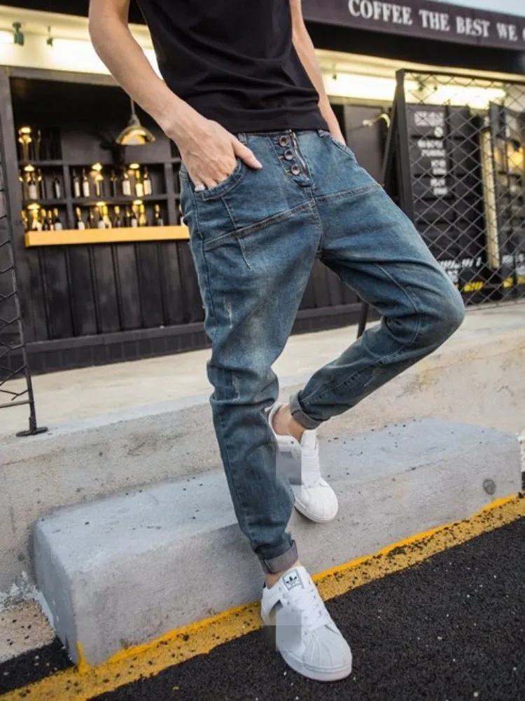 Vintage Harem Denim Pants Men Slim Spring Summer Patchwork Hip Hop Drop Crotch Jeans Single Breasted Streetwear Casual Trousers