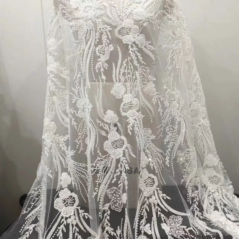 

Hot Sale Flower Embroidered Lace Delicate Pearls and Heavily Beaded Fabric Bridal Dress Shining Sequins Lace Fabric