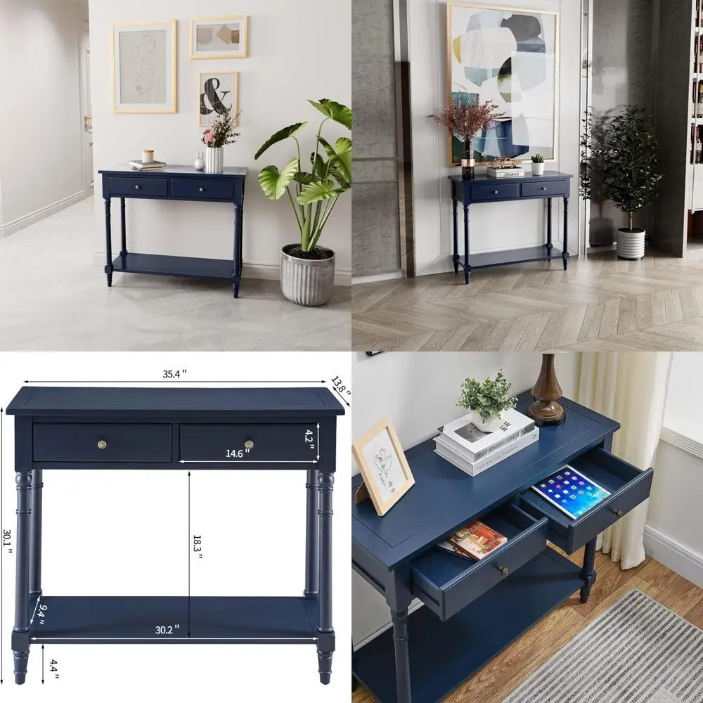 Solid Wood Console Table - 2 Drawers, 2-Tier Storage, 35.4 x 30 Accent Sofa Table for Rustic Hallway Entryway