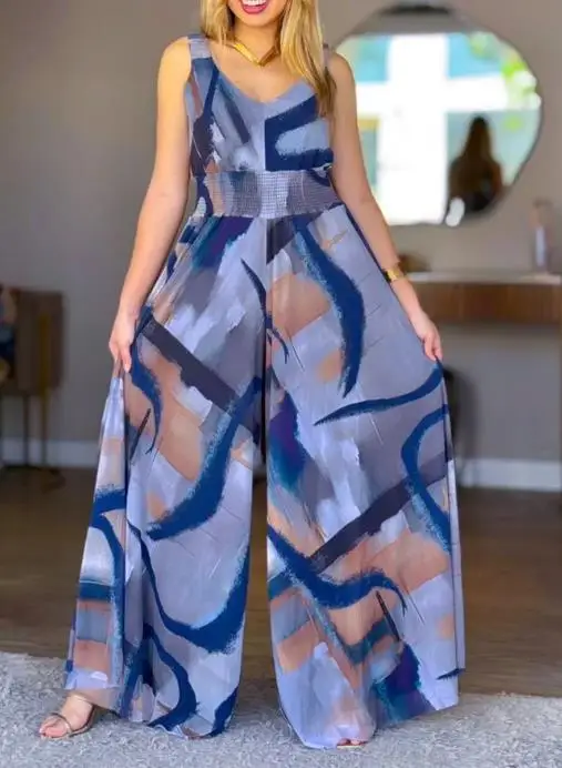 

Women's Retro Abstract Oil Painting Print V-Neck Elastic High Waisted Backless Workwear Casual Waist Cinched Wide Leg Jumpsuit