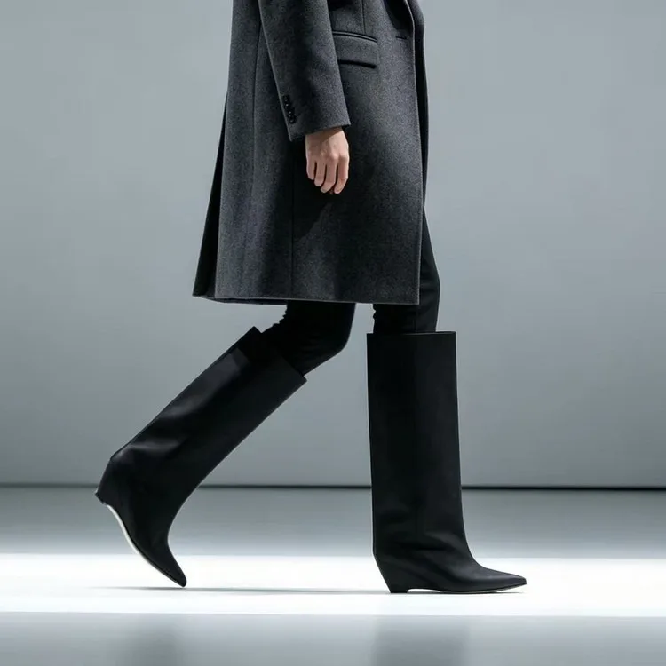 Herbst- und Winterstiefel mit spitzer Zehenpartie, Keilabsatz, kniehoch, für Damen, gerader Schaft, schwarz, modisch, Übergröße, mittelhohe Stiefel, Damenstiefel