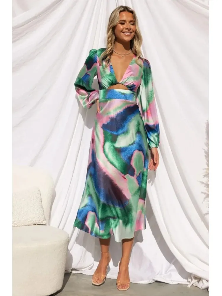 Sexy Bodycon Tie Dye Bedrukte Satijnen Lange Feestjurken Voor Dames Met Lange Mouwen, Diepe V-Hals, Uitgeholde Slanke Galajurk, Vestidos 2023