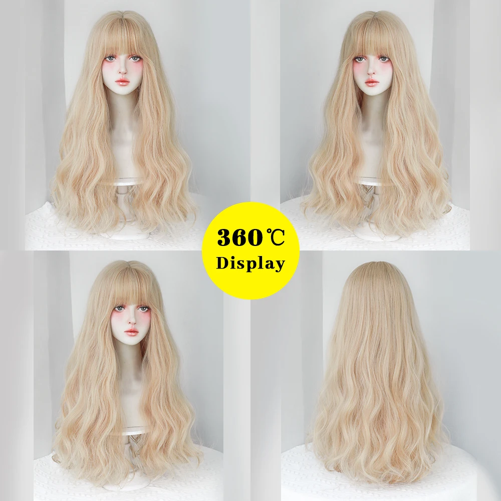 Dense Long Wave Wig Women Wig with Bangs Blonde Cospaly Lolita Daily Party Synthetic Wigs Heat Resistant Fiber Natural Fake Hair