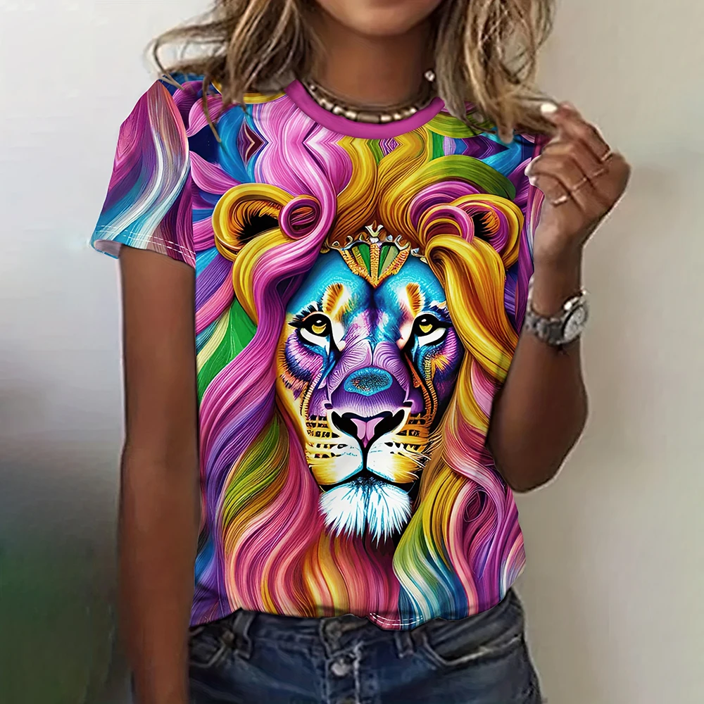 Summer New Women's T-shirts Funny Animal Print Short Sleeves Tees Fashion Street T shirt Daily Casual Female Clothing Tops