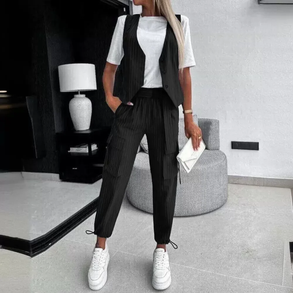 Women 2pcs Clothes Set White Striped Sleeveless Vest Suit Casual & Ankle Length Pants Trousers