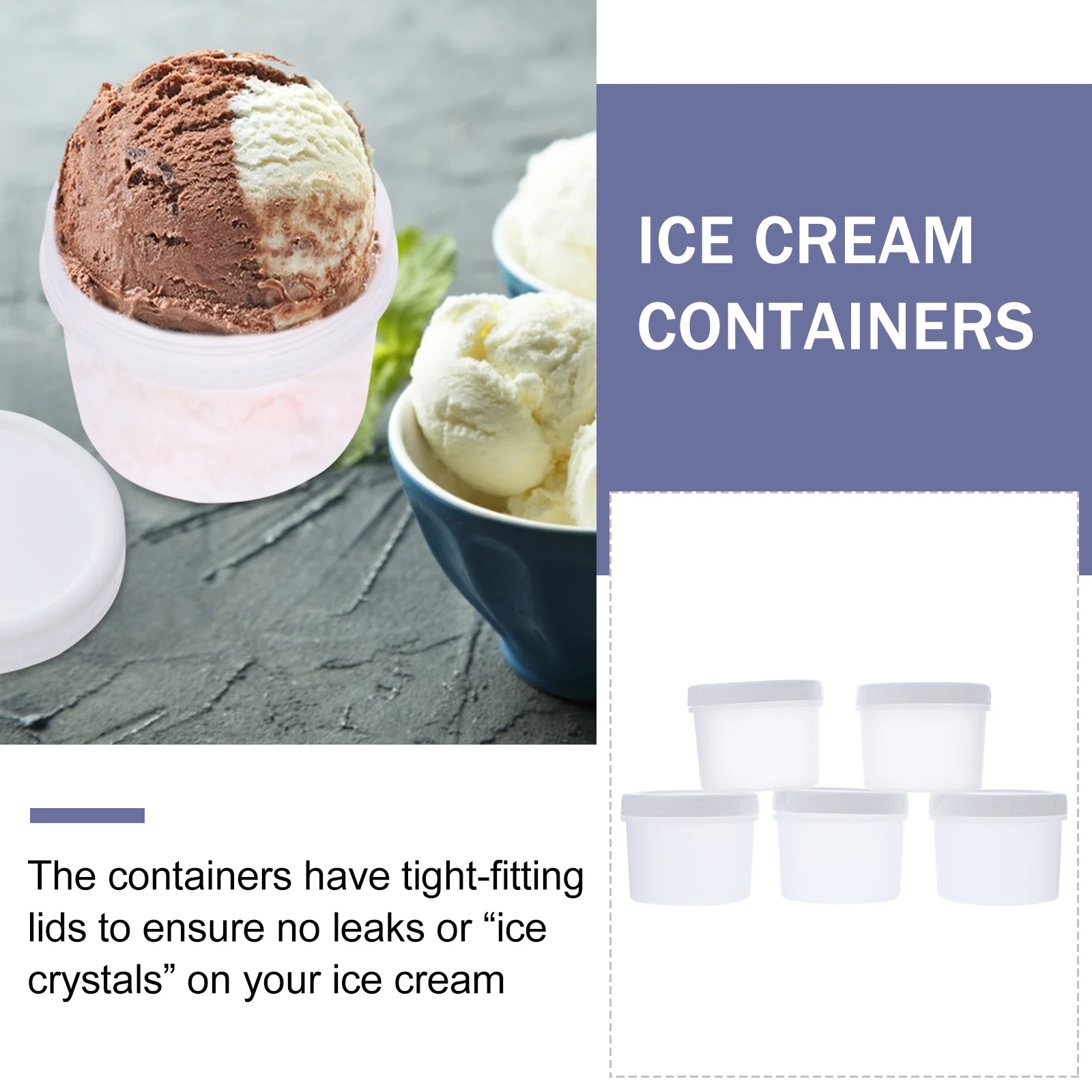 

5Pcs 400Ml Ice Cream Jars with Lids Heavy Duty Freezer Containers for Sorbet Yogurt Portable Dessert Cups Organized