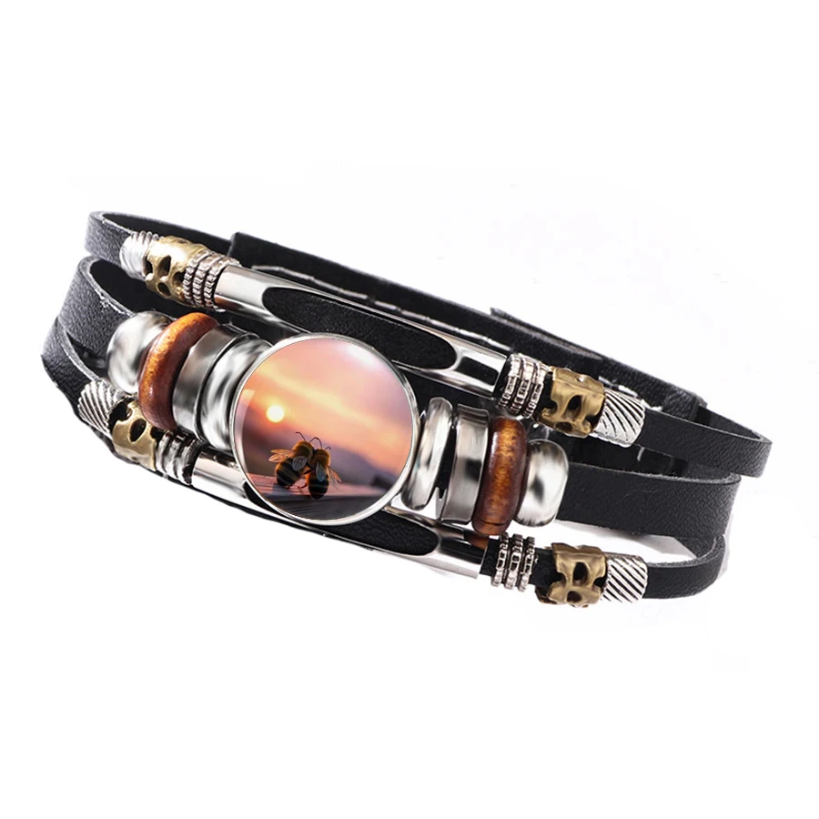 Hot Cross-border Twin Bees Sunset Landscape Printed Bracelet Three Layer Braided Leather Bracelet  Bulk Wholesale