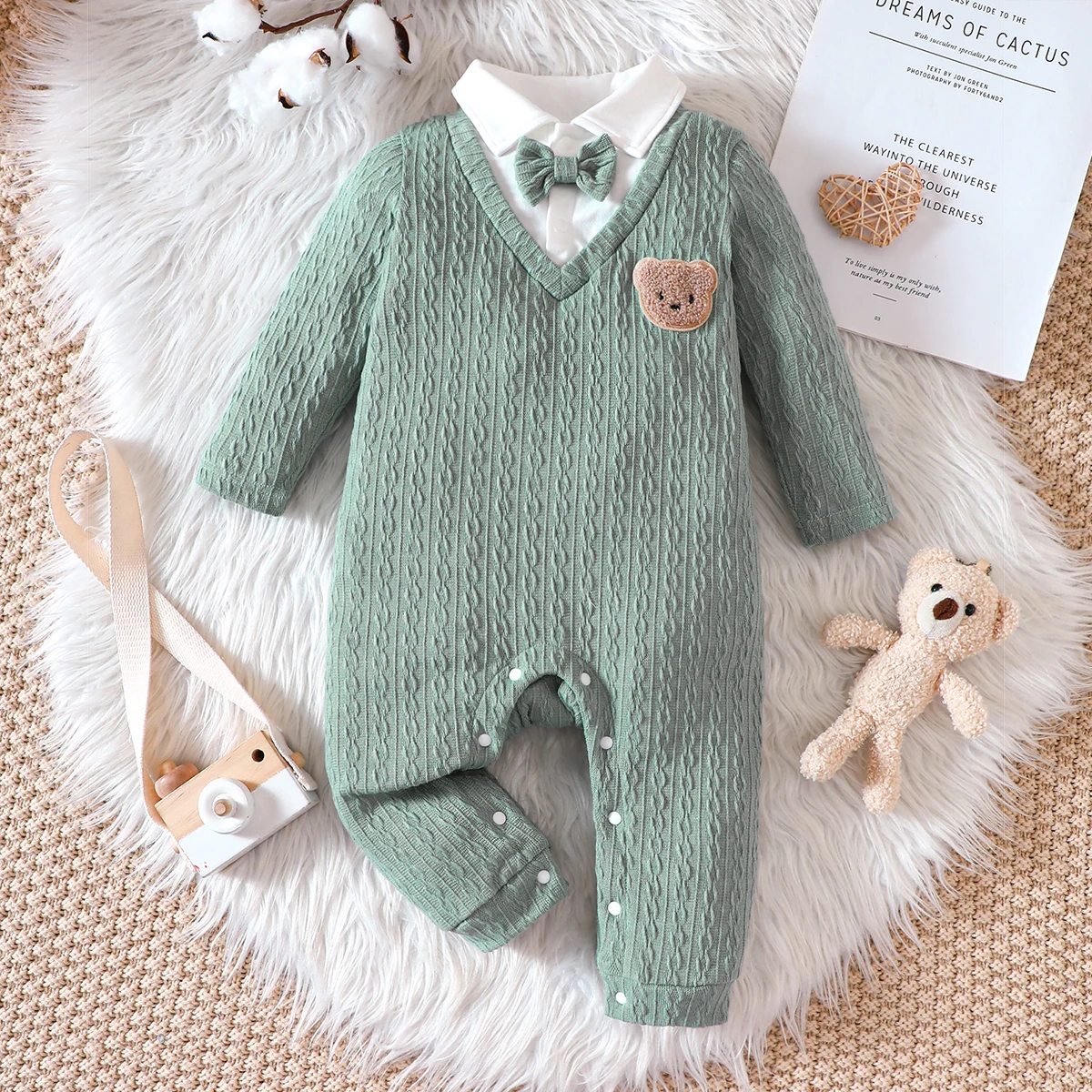 Spring And Autumn Boys And Girls  Polo Neck Long Sleeve Bow Romper Open Button Pants Fashionable And Warm