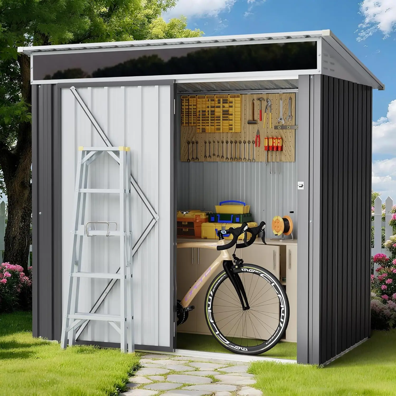 

6x4 FT Outdoor Storage Shed with Window, Outdoor Waterproof Storage Shed Metal Garden Shed with Lockable Single Doo