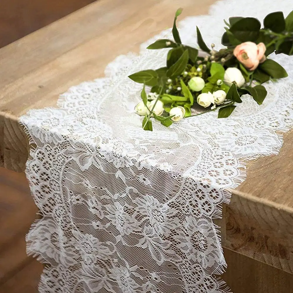 White Color Lace Table Runner Floral Embroidery Rectangular Shape Vintage Table Runners Soft European Style
