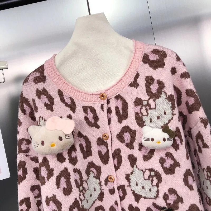 Style coréen rétro léopard Jacquard élégant tricots couleur-bloc col rond jeune pull ample Cardigan avec sac pour les femmes