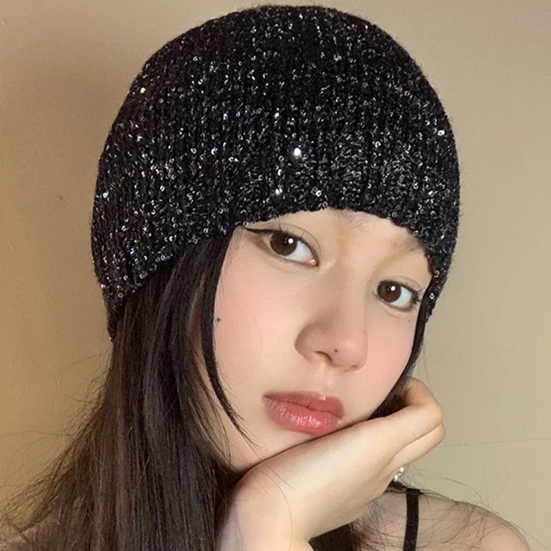 Korean Designer Y2k Shiny Cold Cool Street Sequined Knit Hat Spring Summer Girl Glitter Fashion Knitted Bag Head Beanie Hat