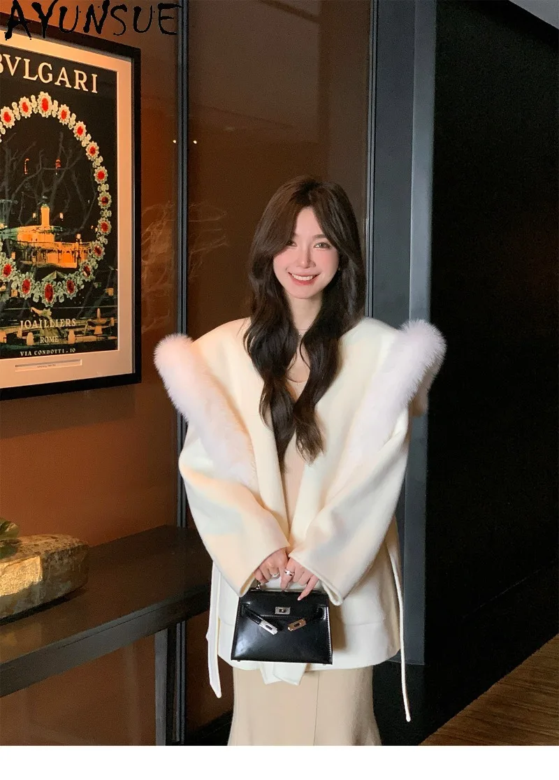 AYUNSUE Double-Faced Cashmere Coat Woolen Fox Fur Collar Outerwear Womens Autumn Winter Clothes Mid Length Clothing Luxury 2026