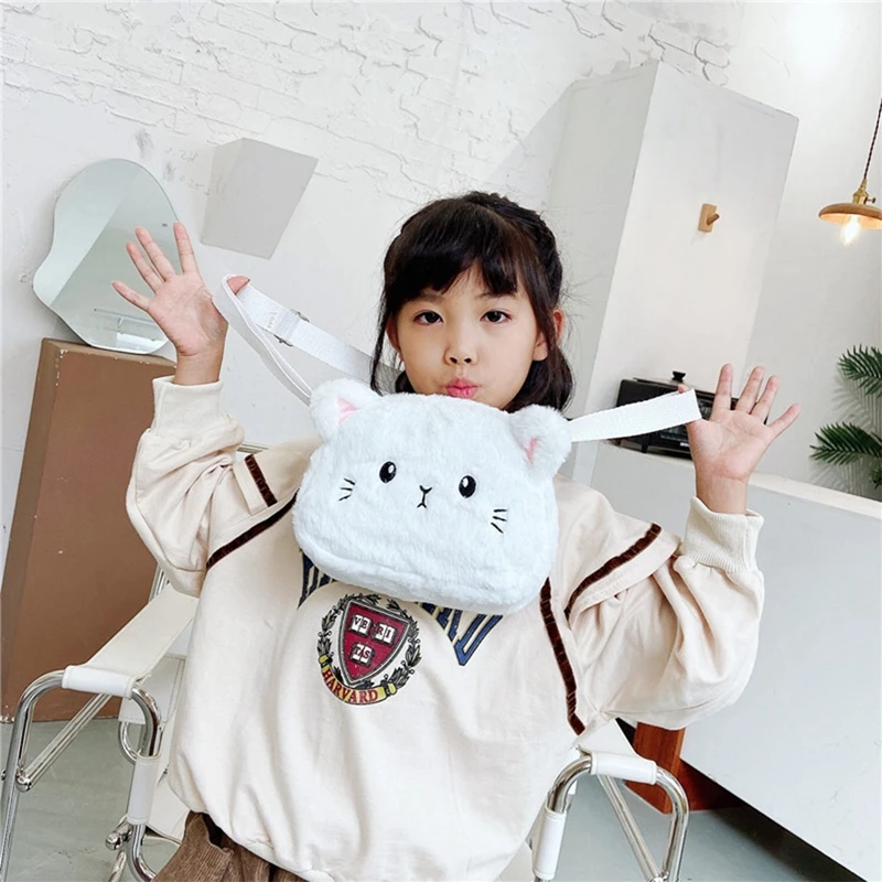 Baby Girls Cartoon Cat Crossbody Bags Cute Soft Plush Children\'s Shoulder Bag Winter Fashion Boys Kids Furry Handbags Coin Purse