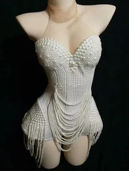 Nightclub Singer Dancer Performance Stage Wear White Beaded Pearls Tassel Women Party Bodysuits Sleeveless Mesh Jumpsuits