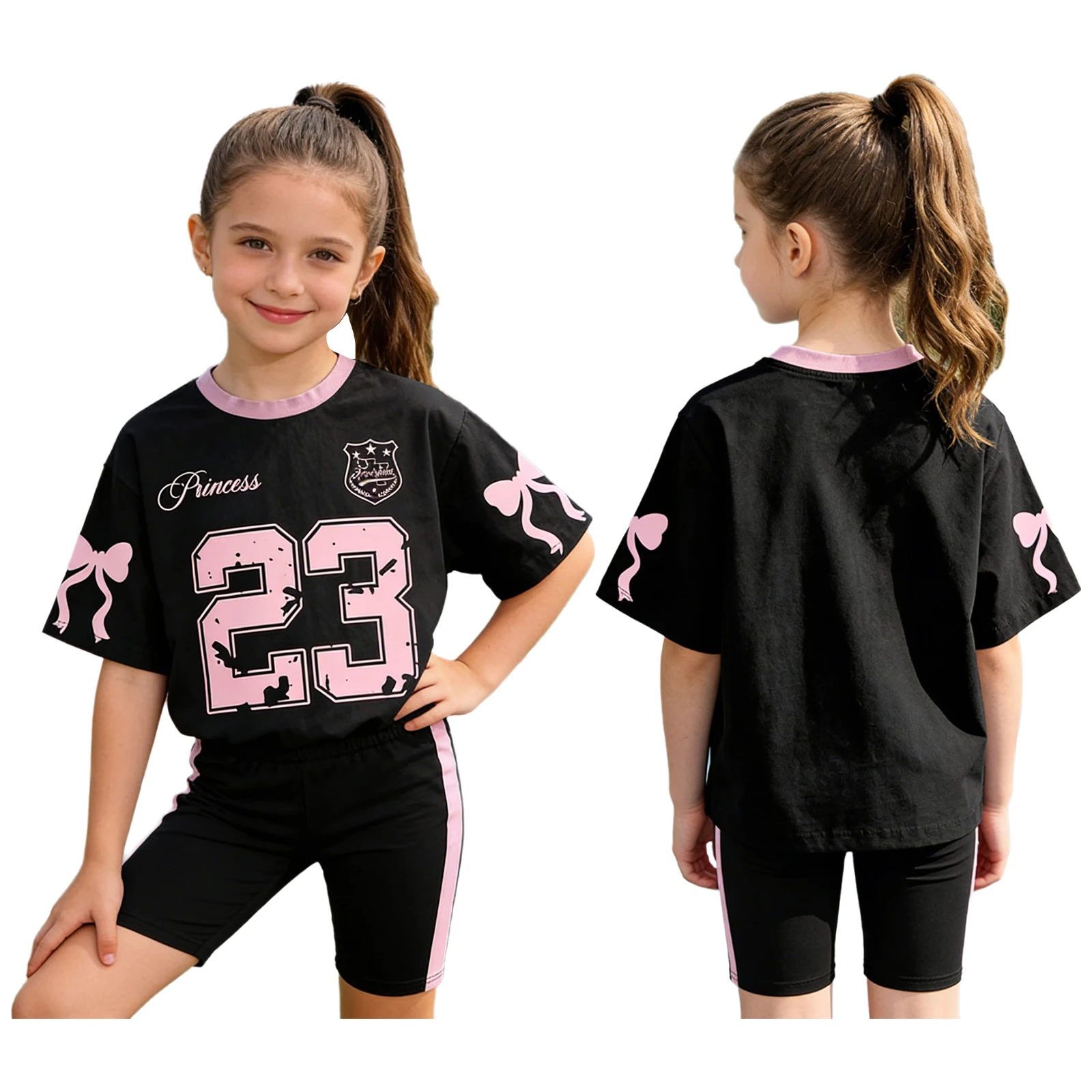 Kids Girls Sports Warm-up Fitness Costume Color Block Round Breathe Neck Short-sleeve Bowknot Number Printed T-shirt with Shorts view 5