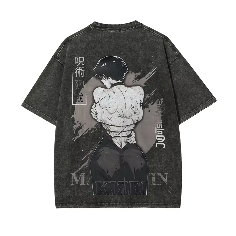 Maki Zenin T Shirt Jujutsu Kaisen Men Acid Wash Toji Soul Awakened Anime Streetwear Zenin Clan Back Scar Tee