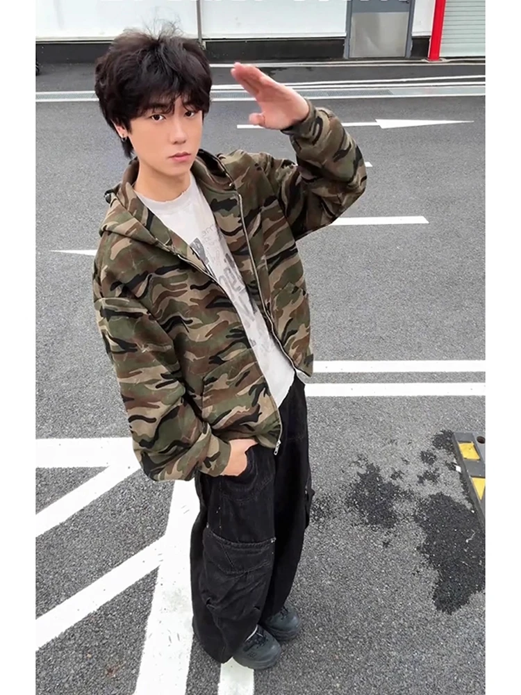 

Мужская камуфляжная толстовка с капюшоном в американском стиле ретро, свободный повседневный кардиган на молнии, Jaet Youthful (3) Stand Fit, хлопок, полиэстер