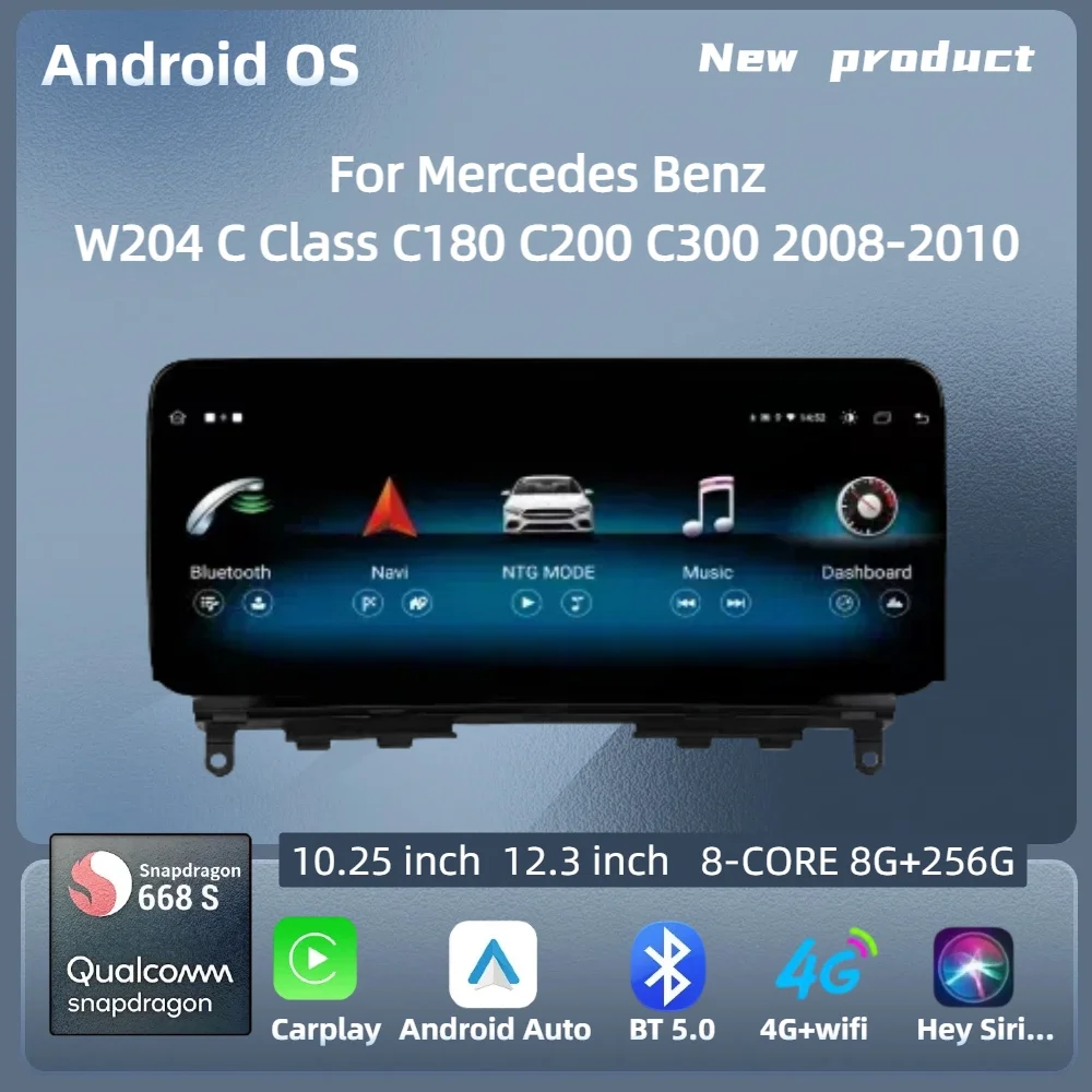 

For Mercedes Benz W204 C Class C180 C200 C300 2008-2010 Car Radio Android 14 Wireless Carplay Snapdragon 680 CPU SM6225 Screen