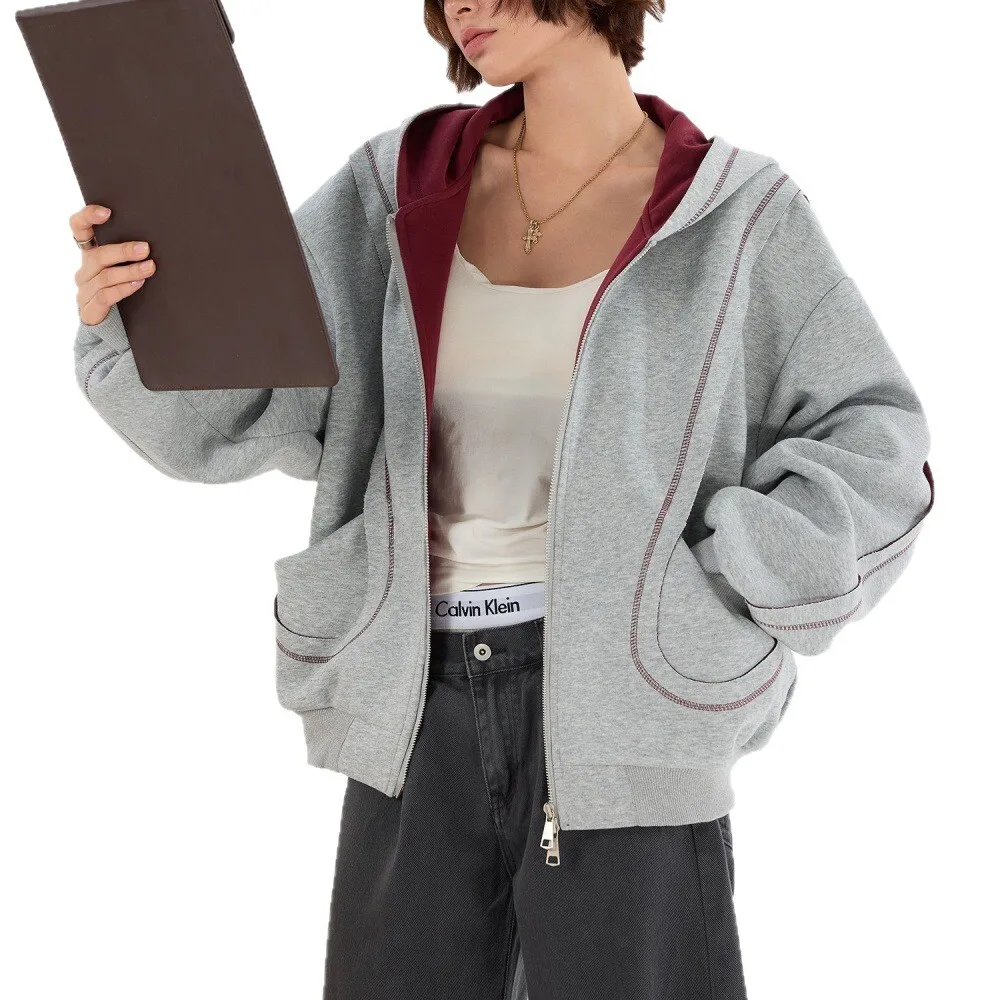 Couples Trendy Loose Hoodie Oversized Patchwork Design Retro Zip Jacket for Men & Women Casual Slimming Outerwear