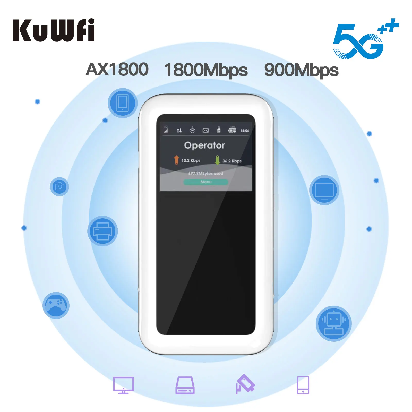 KuWFi M46 AX1800 5G E-Sim Portable Router 1800 Mbps Speed High Performance Mobile Connectivity 4500 Mah Battery 5G Mifi Router