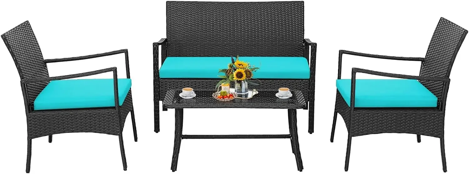 4Pieces Rattan Conversation Set, Patio Sofa Couch Set w/ Tempered Glass Coffee Table, Seat Cushions, Outdoor Wicker Loveseat Set