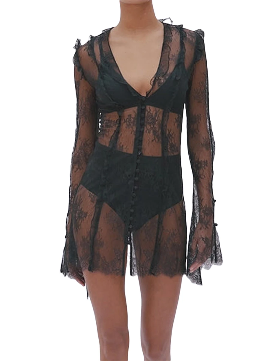Abito in pizzo nero abiti estivi 2023 abito trasparente con scollo a V abito floreale in pizzo trasparente costumi da bagno See Through Cover Ups