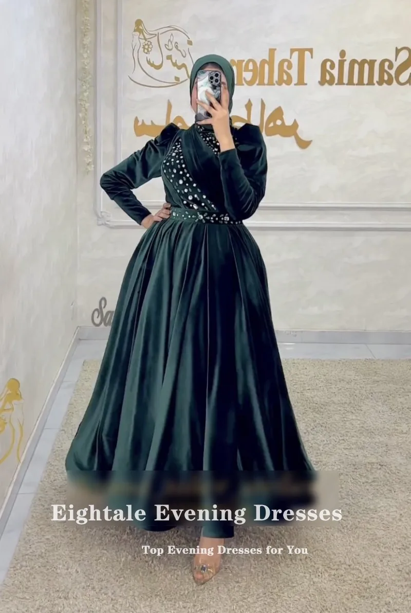 Eightale Muslim Evening Dress Arabic Dark Green Prom Gown Beaded Long Sleeves Crystals Velvet Ball Gown Wedding Party Dress