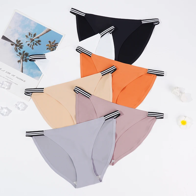 Sexy Women Seamless Panties Ice Silky Striped Waistband Elastic Briefs Solid Color Underwear Intimate Lingerie 3PCS/SET