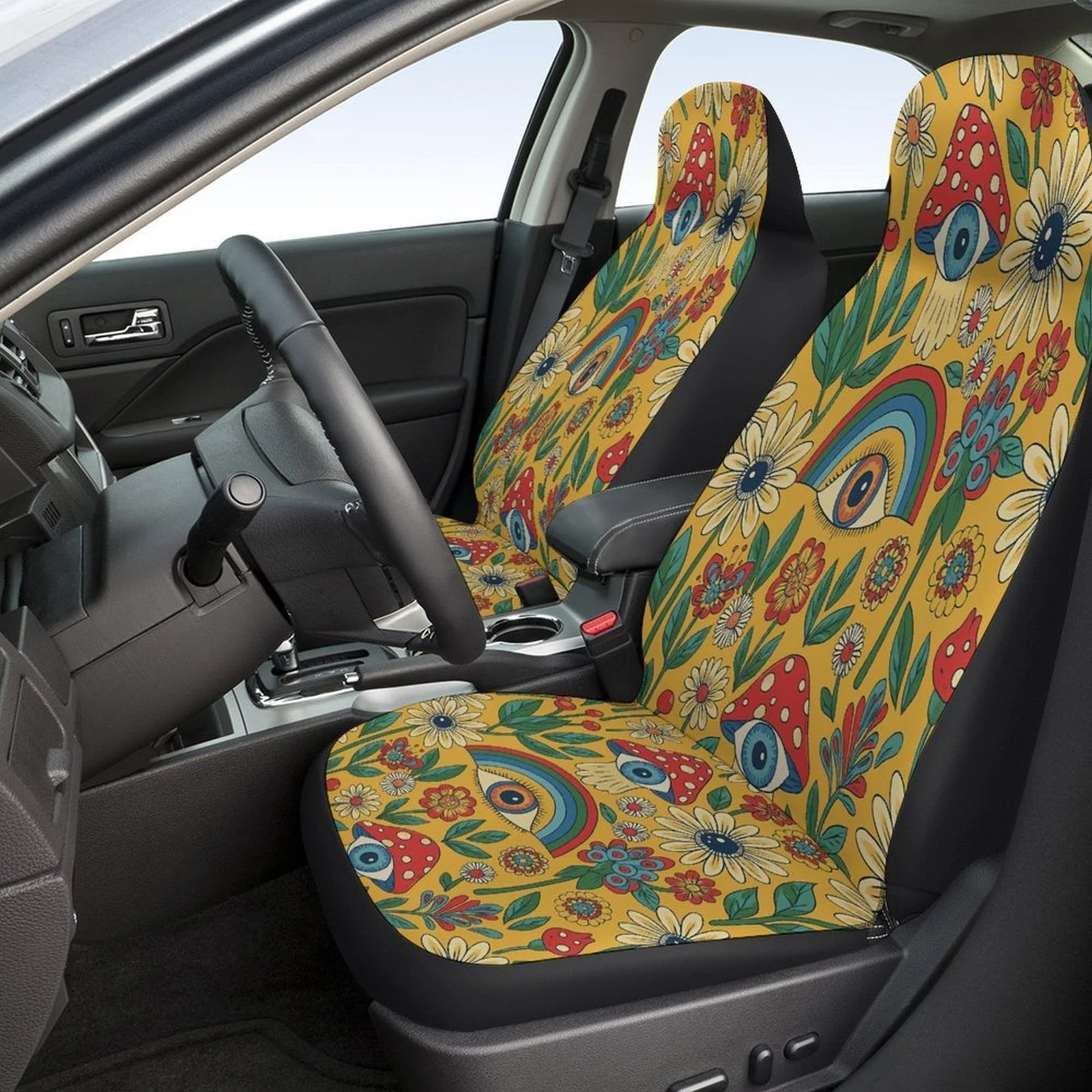 Psychedelic Garden Themed Car Seat Cover Set - Vibrant Floral & Rainbow Design, Durable Polyester, Easy-Clean Material, Fit For