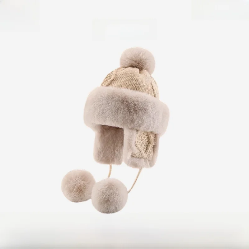 thiened-winter-knitted-hat-women's-ca4la-furry-lei-feng-cap-ear-protection-versatile-sli-cable-knit-headwear-for-youth