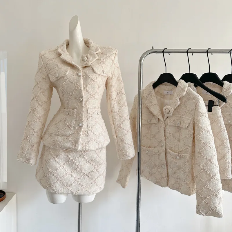 

Женская одежда Модная куртка Пальто + короткая юбка Костюмы Conjuntos Femininos Elegantes 2025 Новые одинаковые комплекты Твидовые комплекты из 2 предметов